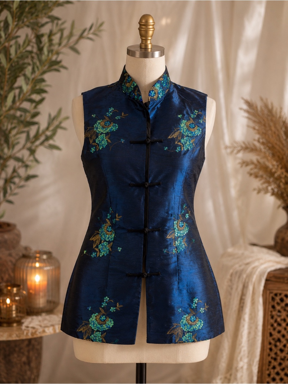 Sleeveless Navy Blue Embroidered Mandarin Collar Top 15” ptp